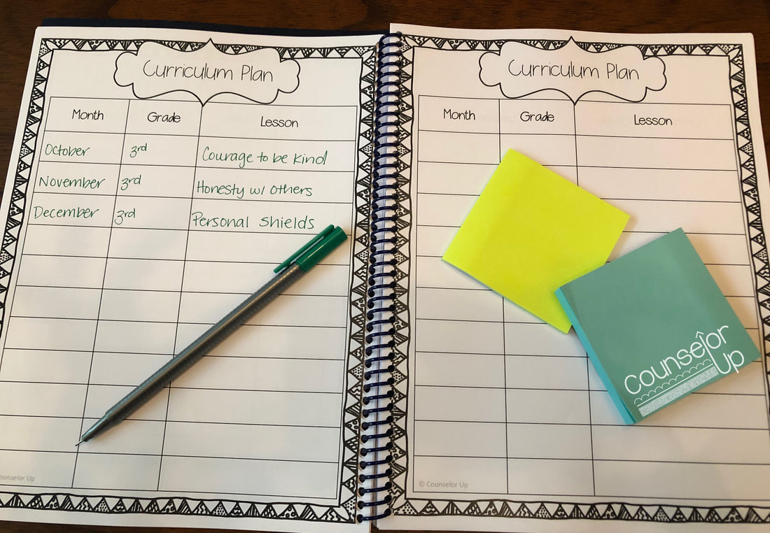 Counselor Planner 2016-17 Include your curriculum plan in your planner so that you know which lessons are coming next. There are 6 pages for a total of 66 lessons. There is plenty of room to write notes if you write on the small side. I included a few reminders in my plan. Interested in any of these lessons? Check out my K-2 Curriculum Plan and 3-5 Curriculum Plan.  www.counselorup.com