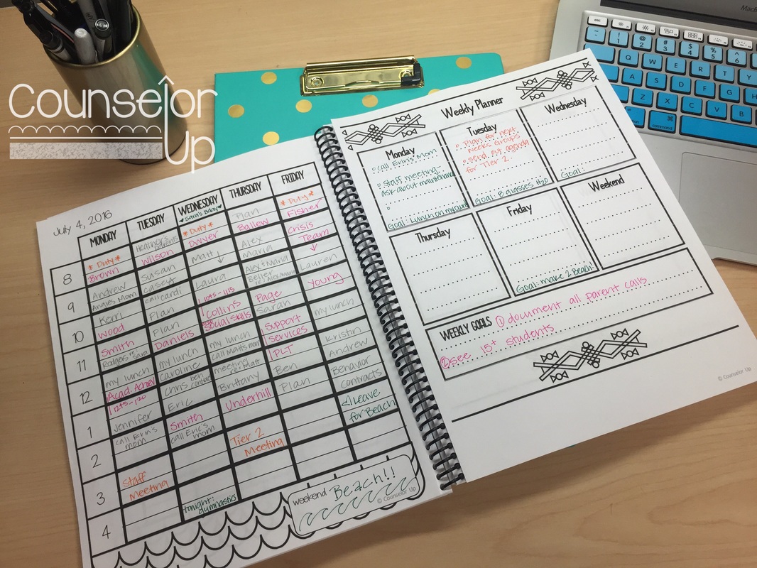 Counselor Planner 2016-17 Each week includes a two page spread. The appointment page is on the left and the to-do list page on the right. All pages are dated by week and include a weekend box at the bottom.  www.counselorup.com